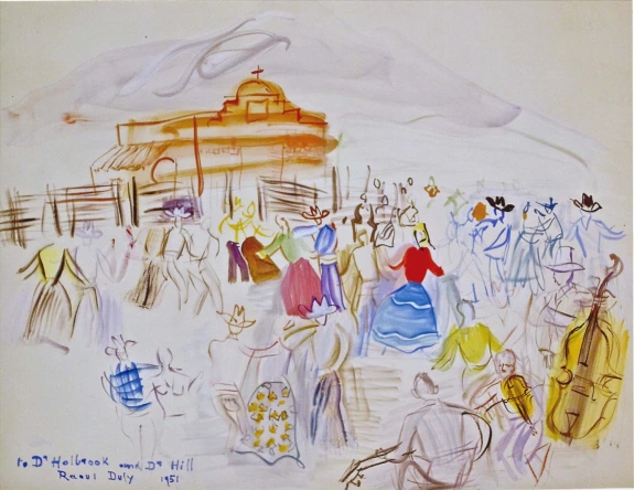 painting of a town square with music and dancing